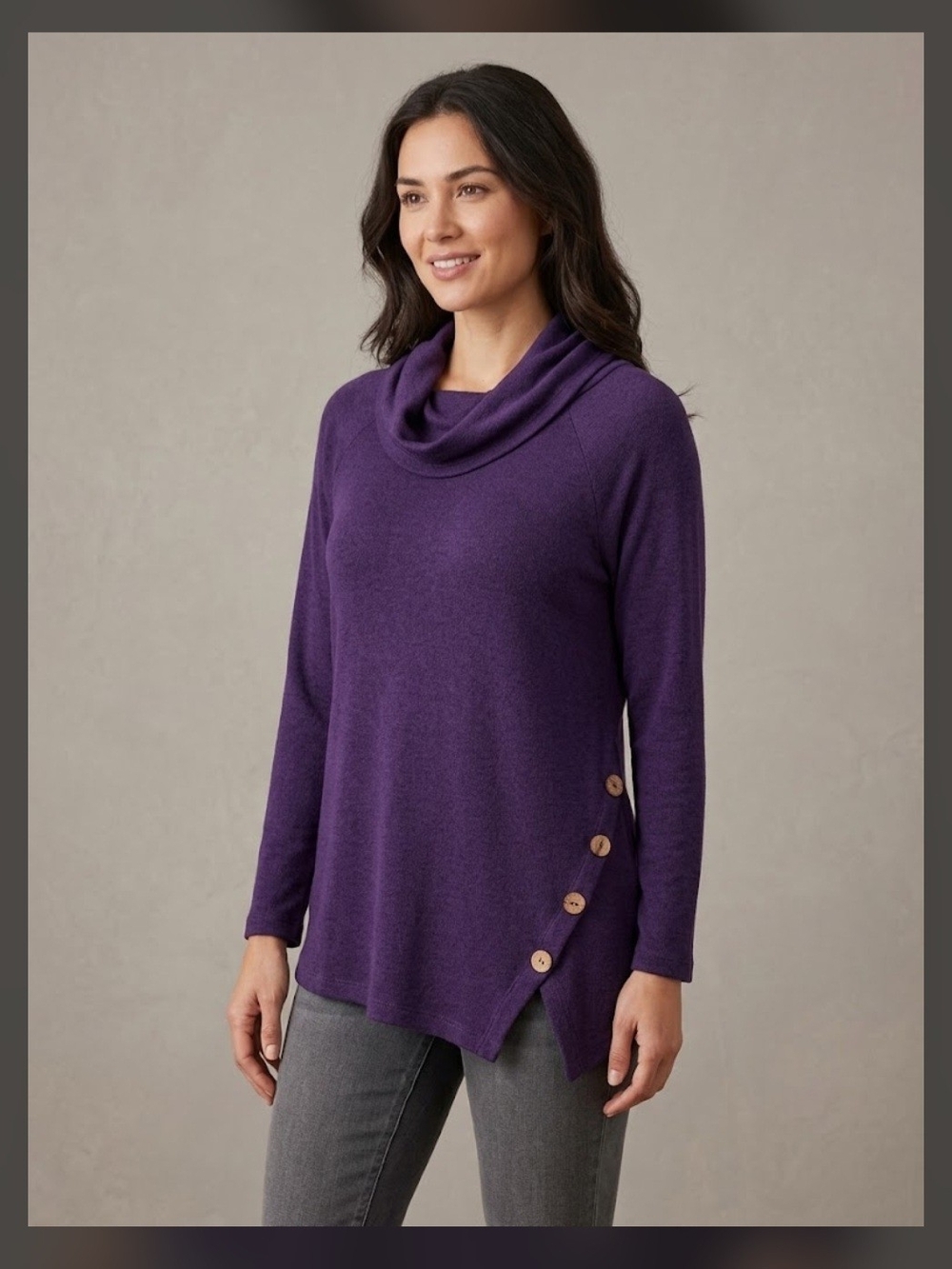 Warehouse Purple Cowl Neck Tunic Sweater with Side Buttons